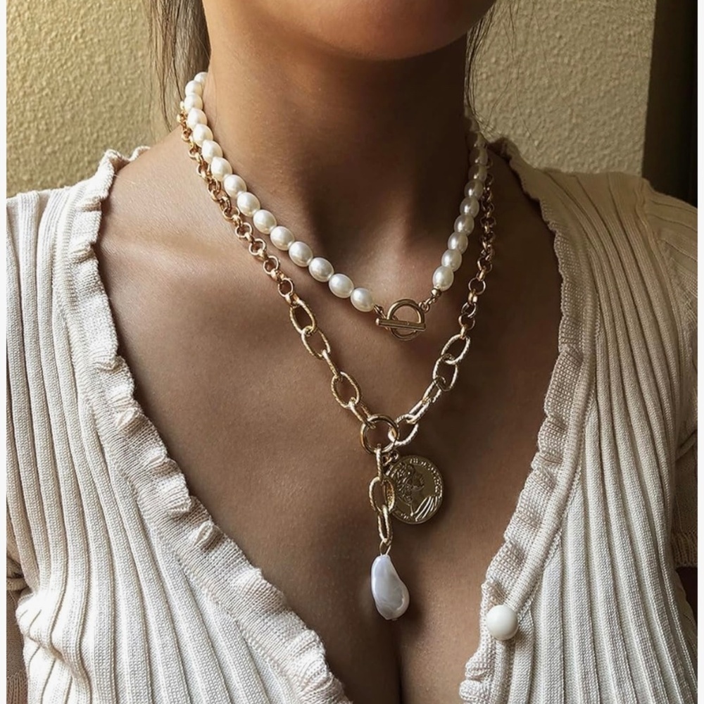 Pearl Layered Choker Necklace Gold and Pearl Necklace Set
